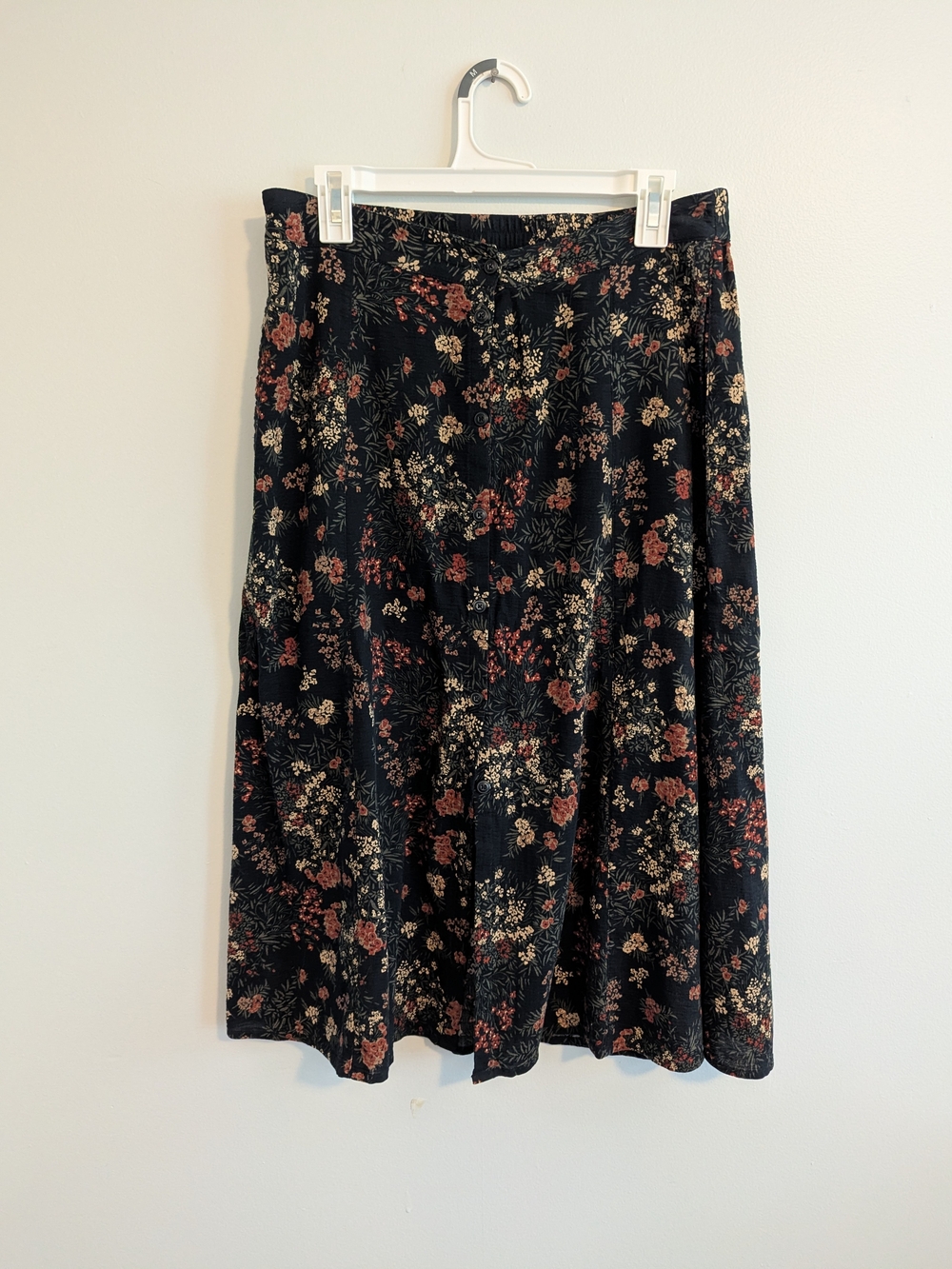 Toad&Co Black A-Line Midi Skirt with Rust and Cream Floral Print